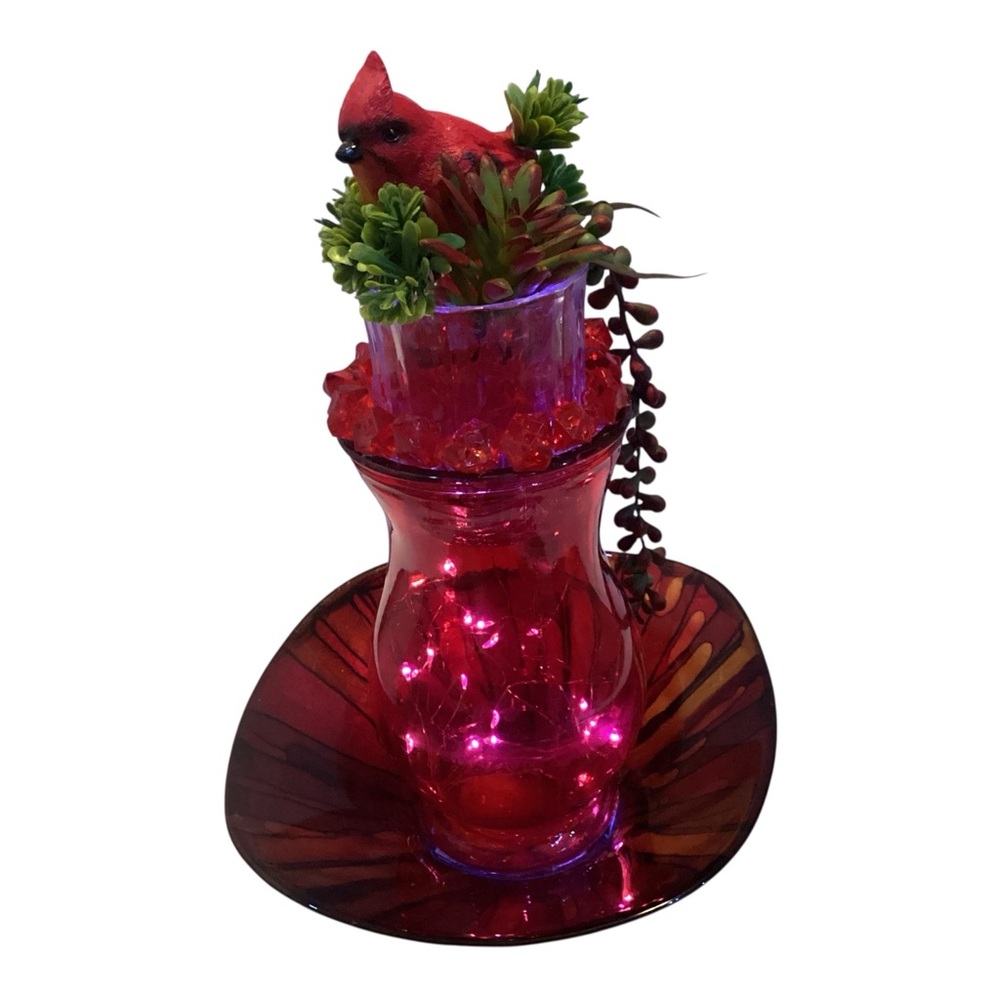 Red Glass Lighted Cardinal Centerpiece Vase Plate Set LED Fairy Lights - Picture 3 of 7